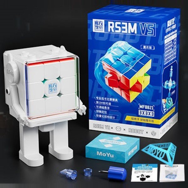 MoYu RS3 M V5 Ball Core UV box contents with Robot Cube Stand